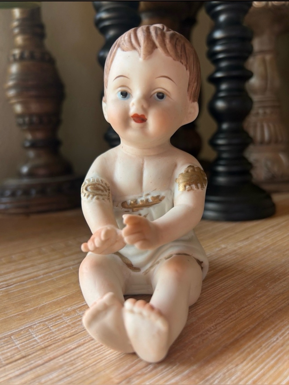 Vintage Bisque Piano Baby Boy Figurine Blue Eyes